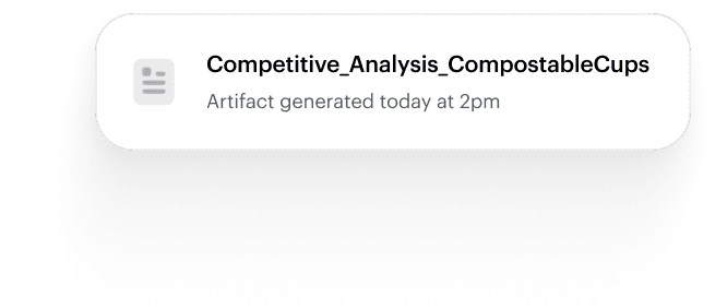 Notification card with document icon and filename "Competitive_Analysis_CompostableCups" stating the artifact was generated today at 2pm.